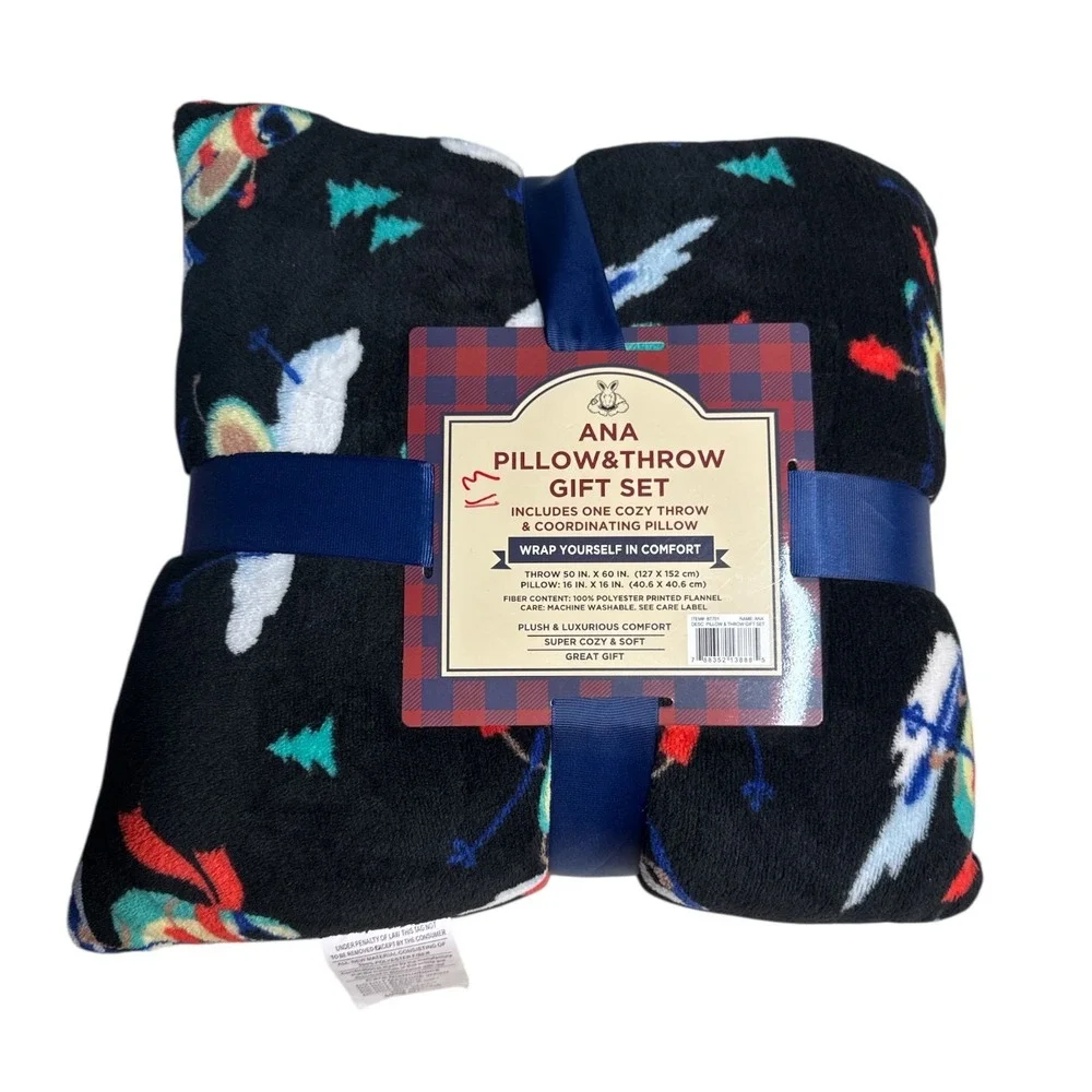 NWT ANA Pillow & Throw Gift Set Black Snow Ski Print Flannel Fleece 50x60 Winter